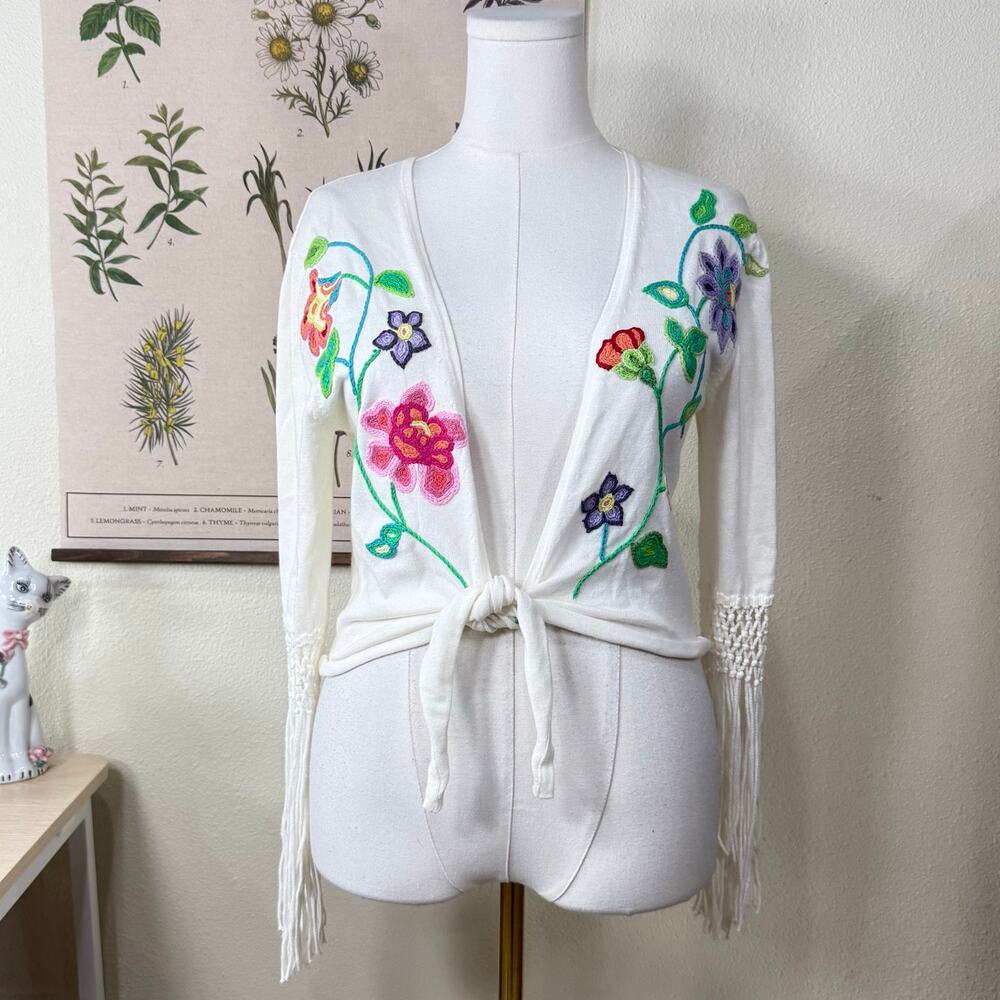 Y2k Floral Embroidered Tie Front Crop Cardigan Hippie Boho Coastal Grandma M